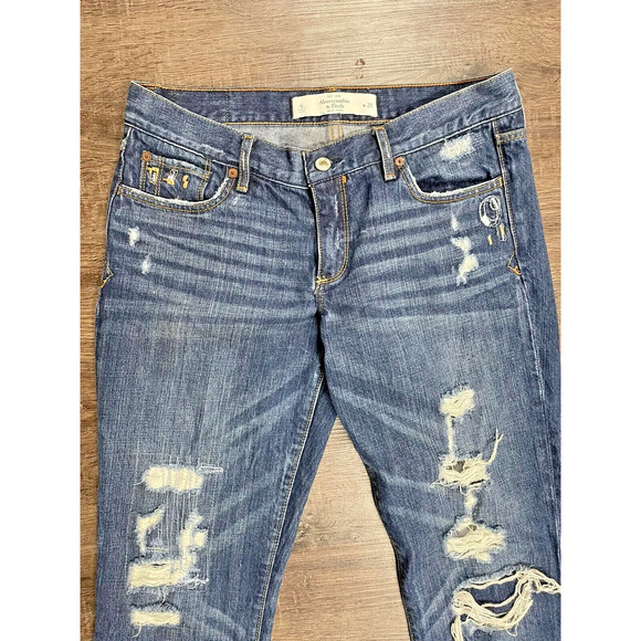 Abercrombie & Fitch Women's Tapered Cotton Distressed Blue Denim Jeans Size 28 - Picture 3 of 10